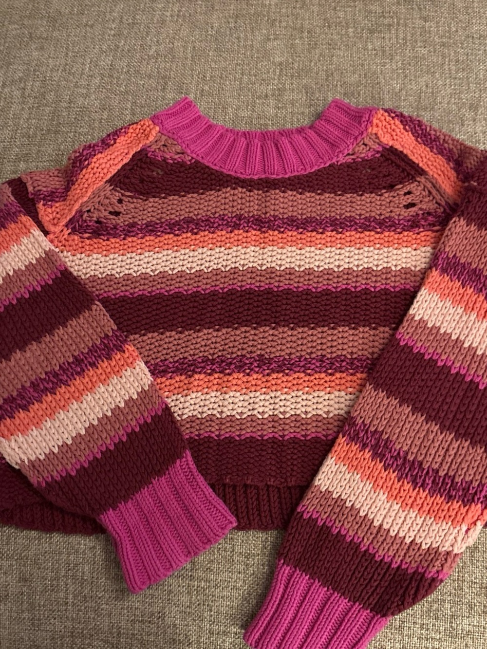 Free People Striped Crewneck Sweater in Pink, Burgundy & Orange